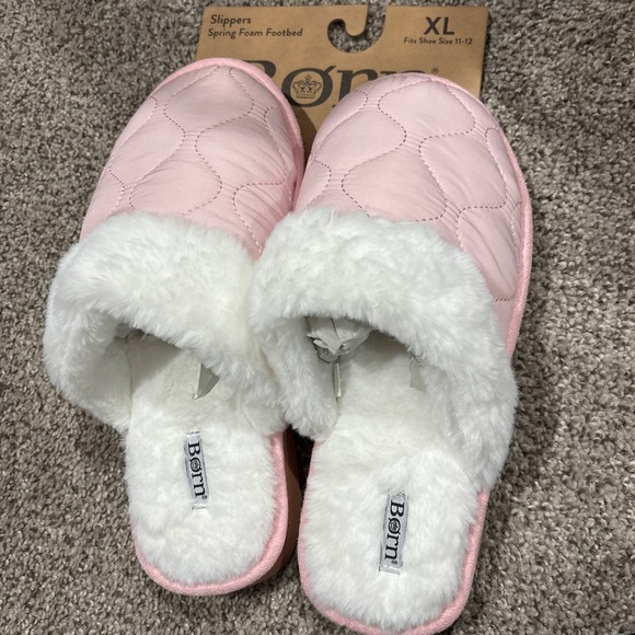 Born Size XL 11 / 12 Pink Quilted Fuzzy Faux Fur Slippers NEW Womens Cozy Scuffs - Picture 8 of 9